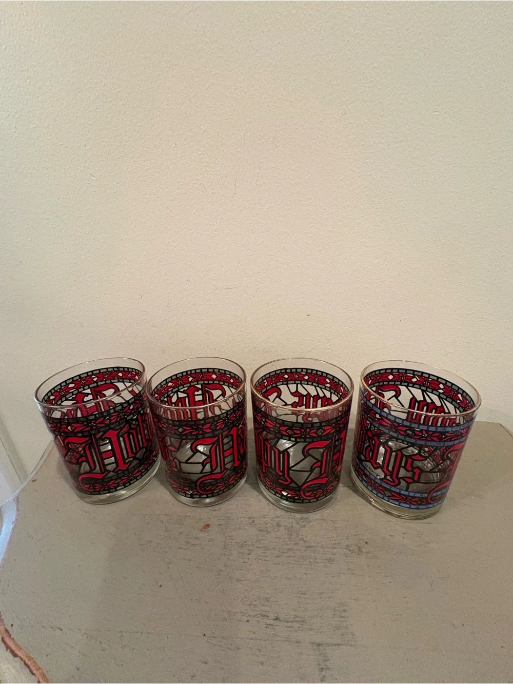 Four VTG Houze Stained Glass Happy Holidays Cocktail Glasses